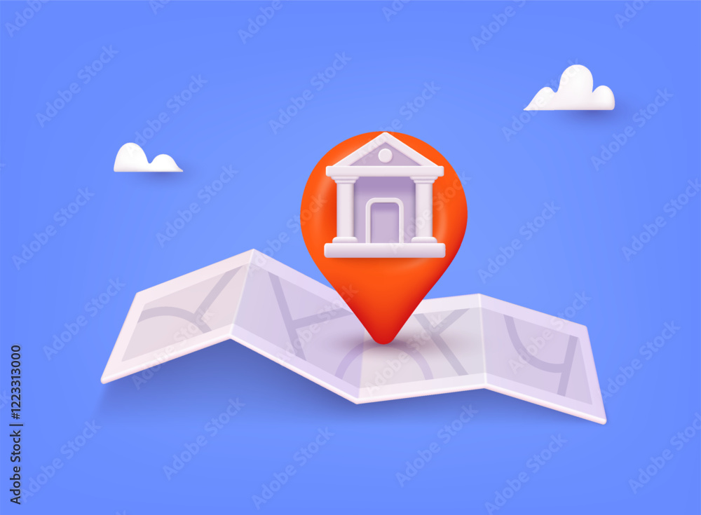 Poster location folded map and pin with bank icon. banking app isolated cartoon vector illustrations set. 3