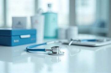 A stethoscope rests on a sleek countertop surrounded by medical supplies, exuding a sense of professionalism and serenity in a contemporary healthcare setting