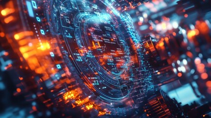 Obraz premium A closeup view of an AIdriven software interface littered with numerical data and performance indicators while the background remains unfocused with heavy machinery illustrating a vibrant