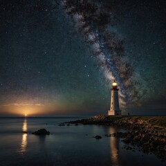 A lighthouse towers over a quiet coastal landscape, its beacon glowing softly under a breathtaking night sky filled with stars, with the Milky Way stretching across the horizon.