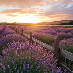 stunning lavender field at sunset, showcasing vibrant purple flowers and wooden fence