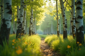 A tranquil forest is alive with vibrant greenery and blooming wildflowers. Sunlight seeps through the birch trees, casting gentle shadows along the inviting path ahead, reflecting peaceful solitude