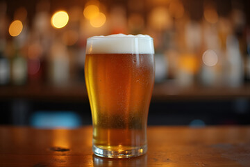 Non-alcoholic beer glass on bar counter symbolizes sober living choices