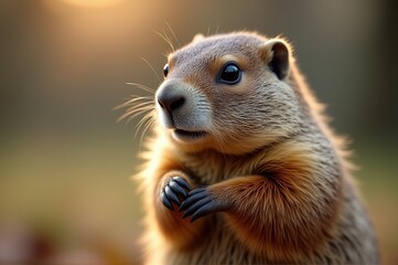 In the warm light of dusk, a prairie dog stands alert on its hind legs, its curious gaze fixed on the surroundings. The serene moment highlights its soft fur and vibrant eyes