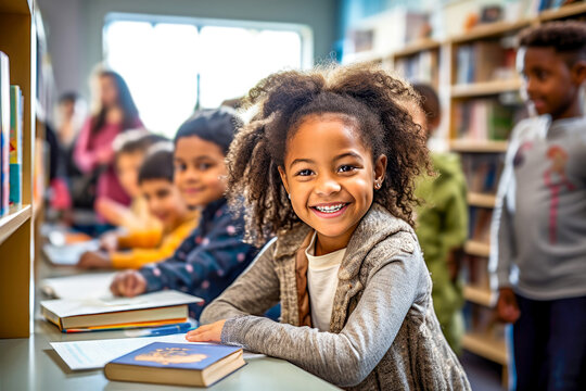 Joyful African American girl with curly hair sits at a table in a brightly lit school library with books, surrounded by peers. Concept of childhood and importance of literacy in welcoming environment