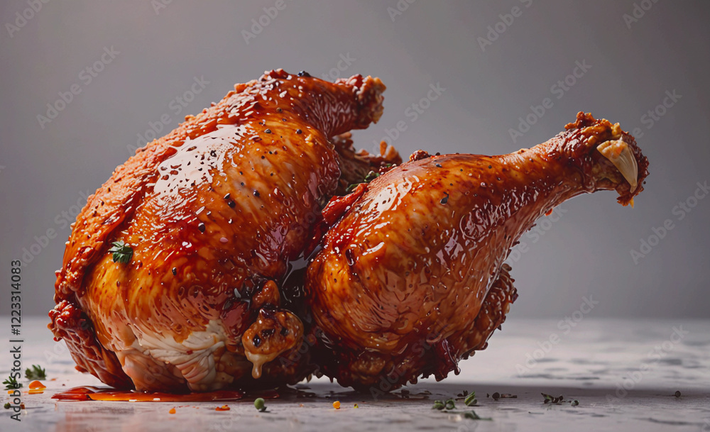 Poster a piece of chicken is sitting on a table with gravy dripping from it. the chicken is cooked and has 