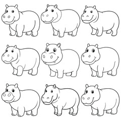 Hippo Cartoon Outline Set – Cute Hippopotamus Coloring Page Vector Illustration for Kids, Zoo Animal Clipart, Wildlife Sketch, Safari Doodle for Children
