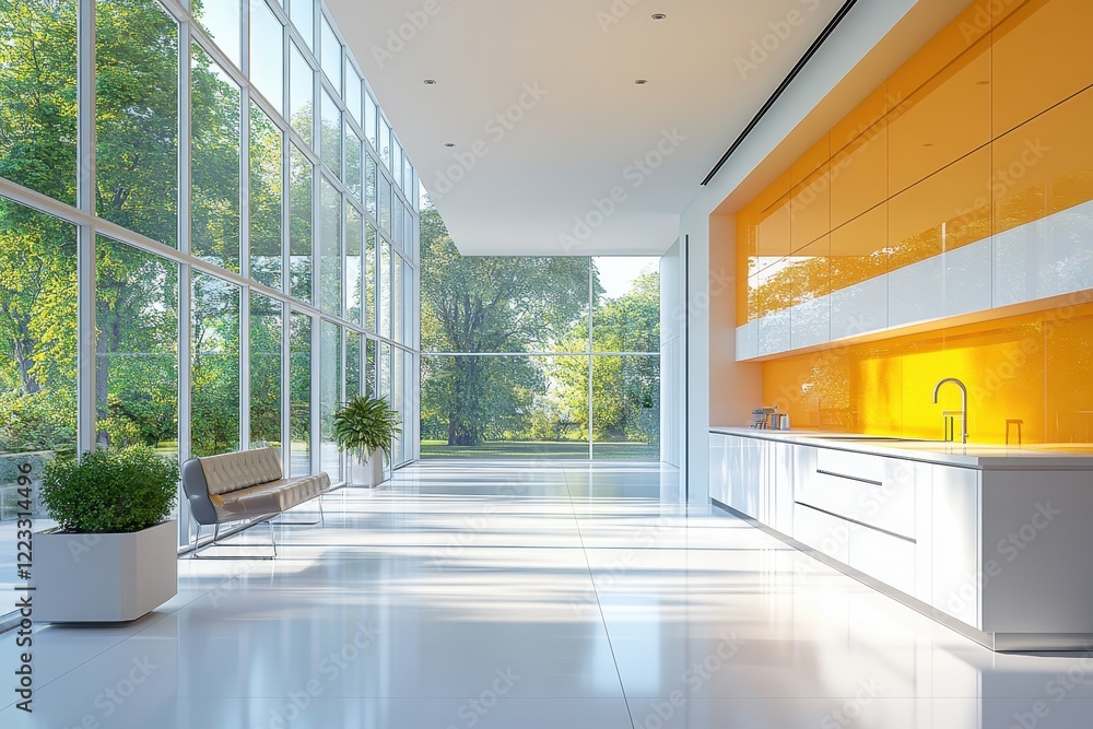 Poster spacious and bright modern office with large windows and greenery in a tranquil setting