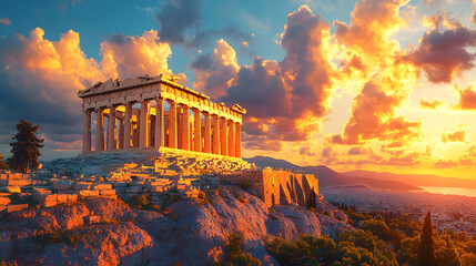 Obraz premium A detailed photography showcasing the grandeur of the Parthenon on the Acropolis of Athens, bathed in the soft golden light of a setting sun.