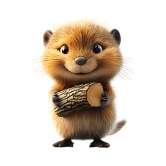 Fluffy 3D Cartoon Beaver with Glowing Soft Fur Isolated on Transparent Background