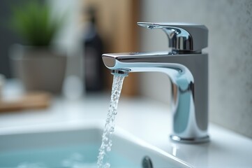 Water flows gracefully from a sleek, modern faucet into a tranquil basin, reflecting minimalist design aesthetics and creating a refreshing ambiance in a stylish bathroom