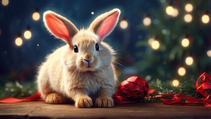 A cute rabbit sits on a snow-covered bench,