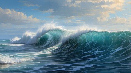 A powerful ocean wave curls dramatically,