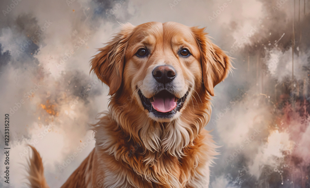 Poster a golden retriever is smiling and looking at the camera. the image has a warm and friendly mood, wit
