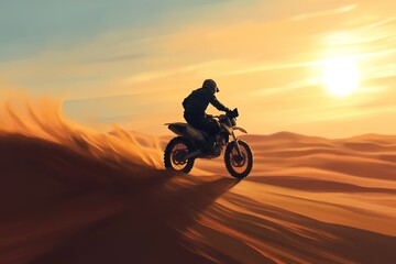Motorcyclist riding through desert at sunset