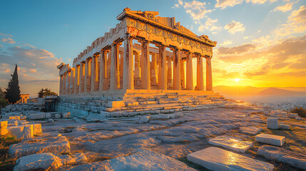 Obraz premium A detailed photography showcasing the grandeur of the Parthenon on the Acropolis of Athens, bathed in the soft golden light of a setting sun.