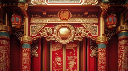 Obraz premium Red and gold decorations adorning a doorway, with intricate patterns and traditional motifs to celebrate the New Year