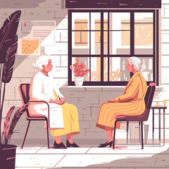 Illustration of Two Elderly Individuals in Various Indoor Settings Highlighting Themes of Conversation, Communication, and Care