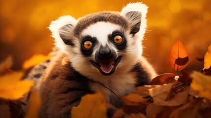 Naklejka premium Lemur expresses happiness amidst fall foliage