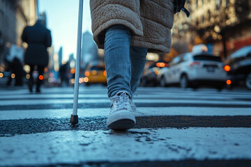 Photo of blind person crossing road in city designed with generative AI