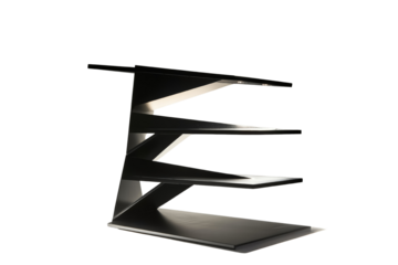 Modern staircase design in minimalist style. A sleek black metal bookshelf with a unique zigzag design, featuring multiple angled shelves, ideal for contemporary interiors and minimalistic decor.