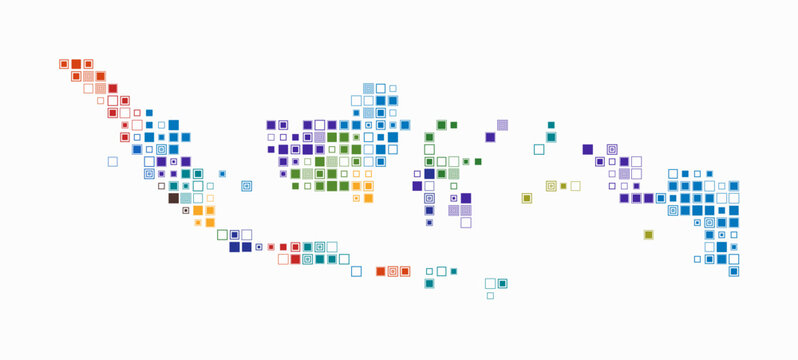 Indonesia, shape of the country built of colored cells. Digital style map of Indonesia on white background. Small size square blocks. Vibrant vector illustration.