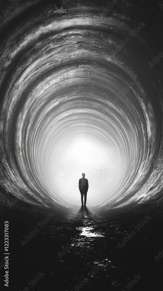 Poster a solitary figure stands in the center of a vast, swirling tunnel, surrounded by shadows that fade i