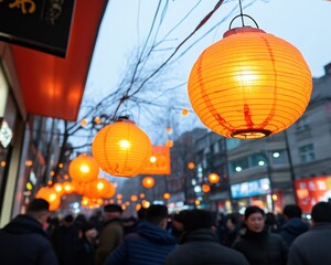 Fototapeta premium Brightly Lit Street with Orange Lanterns and Crowded Atmosphere