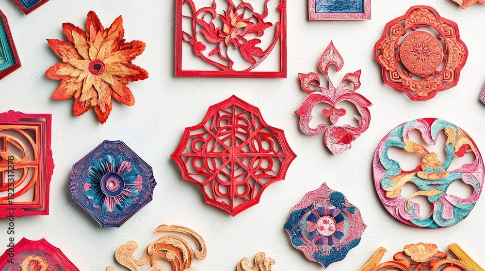 Poster a collection of colorful lunar new year paper cuttings in various shapes and patterns displayed on a