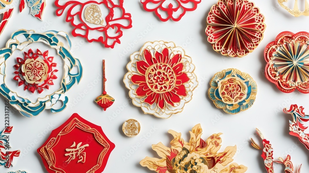 Poster a collection of colorful lunar new year paper cuttings in various shapes and patterns displayed on a