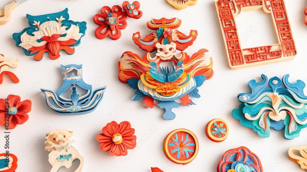 Poster a collection of colorful lunar new year paper cuttings in various shapes and patterns displayed on a