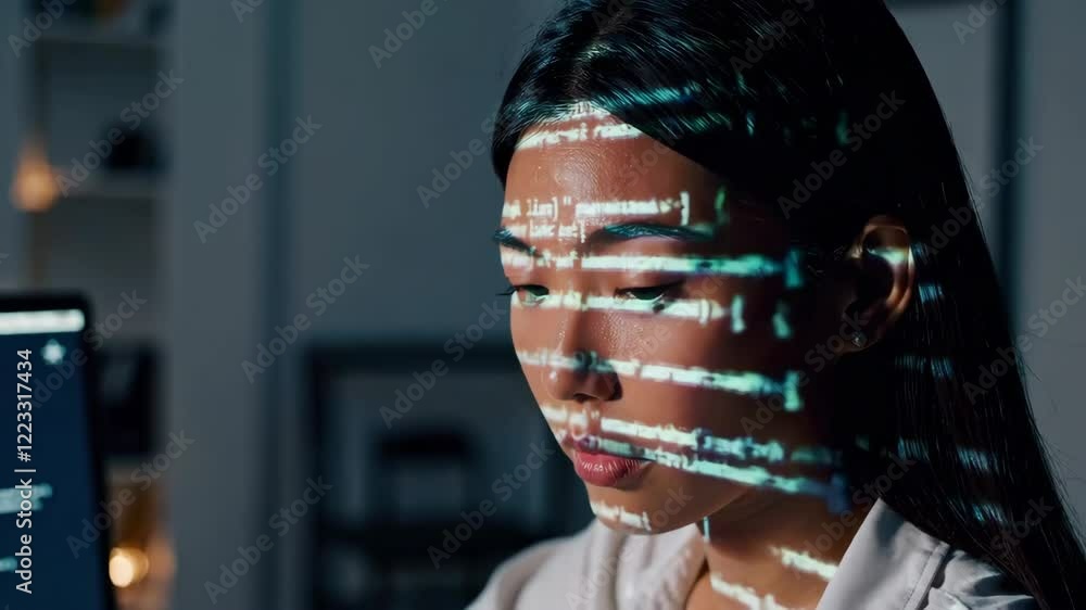 Aufkleber woman analyzing code with projected data footage in modern workspace