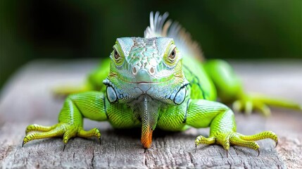 Fototapeta premium Vibrant green iguana looking directly at the camera while resting on a weathered wooden surface outdoors.