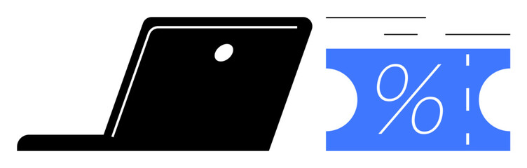 Black laptop beside a blue discount coupon symbolizing online shopping. Ideal for e-commerce, sales, digital marketing, discounts, online promotions, retail, customer engagement. Simple abstract line