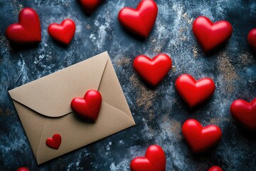 Fototapeta premium A brown envelope surrounded by red hearts, perfect for romantic or love-themed projects