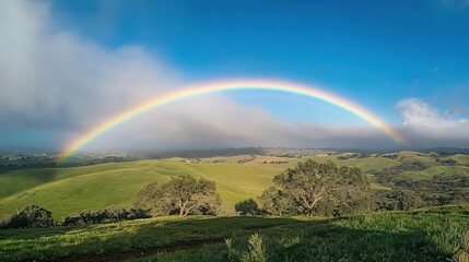 Naklejka premium Rainbow Arcing Over Rolling Green Hills And Trees