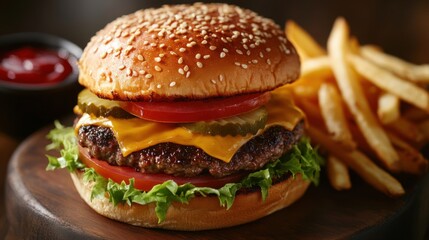 A classic burger with a juicy beef patty, melted cheddar cheese, lettuce