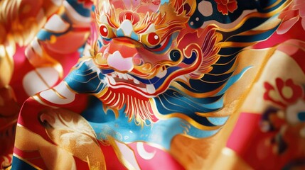 Close-up of Lunar New Year banners with intricate designs of prosperity and happiness in bold colors