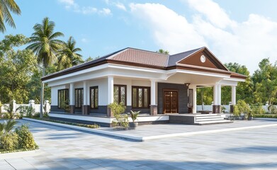 Kerala house front elevation rendering, with white walls and brown and grey color accents