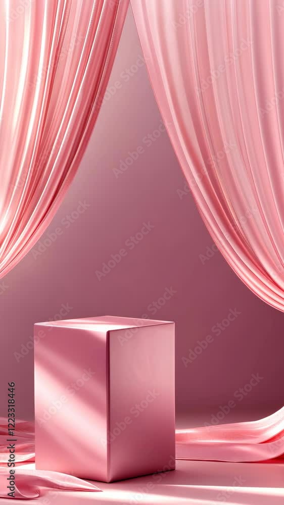 Poster soft pink drapery frames a reflective cube on a minimalistic stage in a serene setting