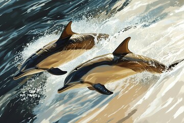 Two dolphins leaping through ocean waves