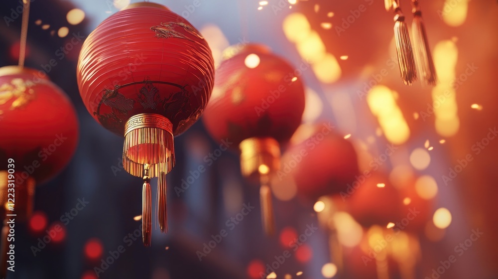 Poster a close-up of red chinese lanterns with golden tassels gently swaying in the breeze, adding charm to