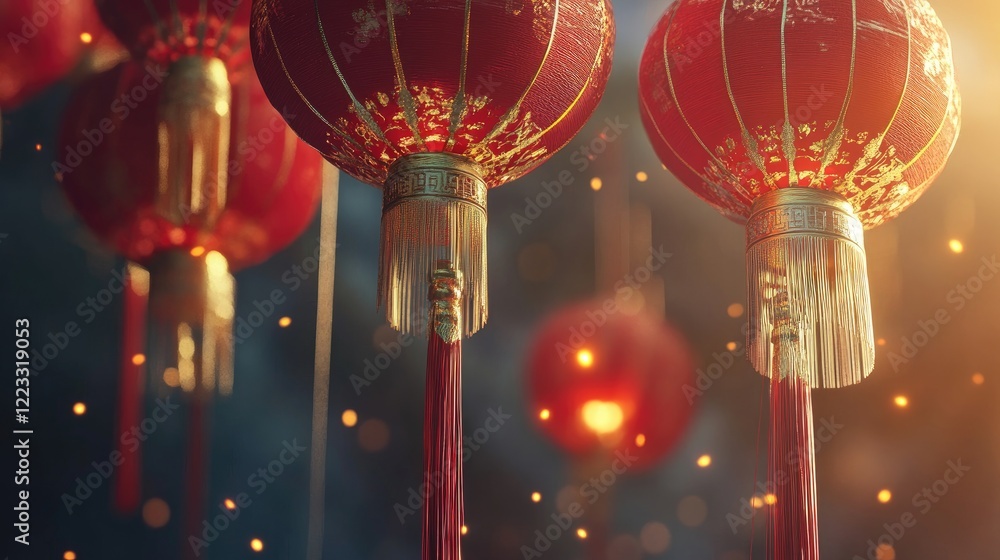 Poster a close-up of red chinese lanterns with golden tassels gently swaying in the breeze, adding charm to