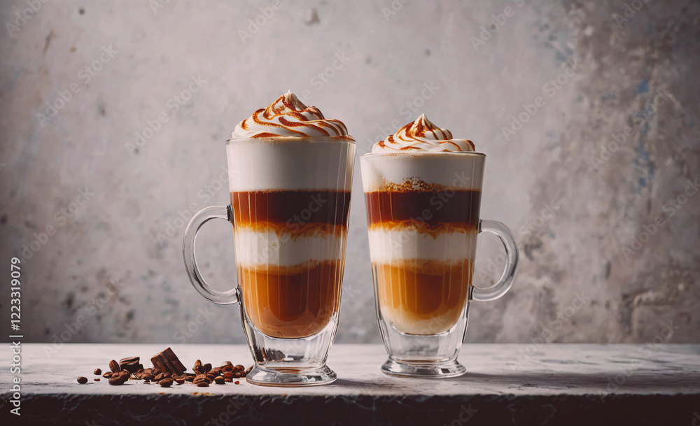 Poster two cups of coffee with whipped cream on top. the cups are placed on a table. the whipped cream on t