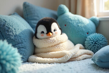 Adorable penguin chick nestled in soft ivory blanket surrounded by cozy plush toys, warm and inviting atmosphere, symbolizing comfort and innocence. Newborn animals, Spring Equinox concept