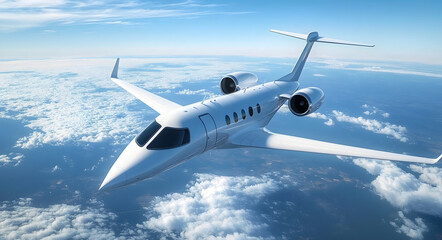 Obraz premium Realistic photo of White Luxury generic design private jet flying over the earth. Empty blue sky with white clouds at background. Business Travel Concept. Horizontal. 3d rendering
