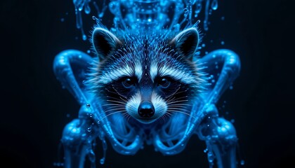 Mysterious Blue Raccoon Portrait with Glowing Skeletal Form and Splashing Liquid