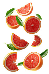 grapefruit pieces falling down png. falling grapefruits and leaves PNG. green leaf falling down with grapefruit pieces PNG. grapefruit pieces falling from the top with green leaves isolated