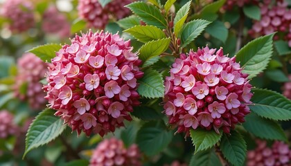 Fototapeta premium Close-up view of vibrant pink flower clusters blooming on a lush green shrub, showcasing intricate details of petals and leaves in a natural outdoor setting.