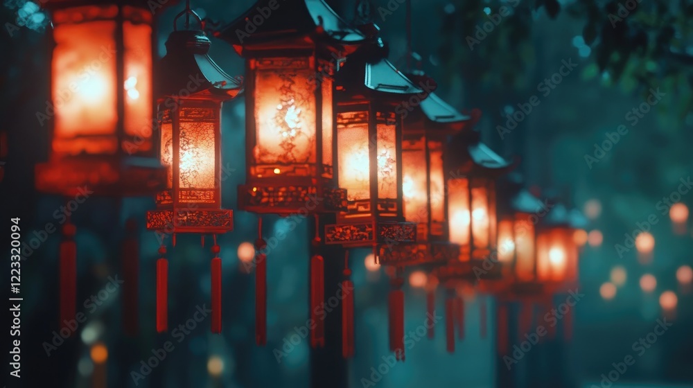 Poster close-up of red chinese lanterns hanging in a row against a dark backdrop with glowing light for chi